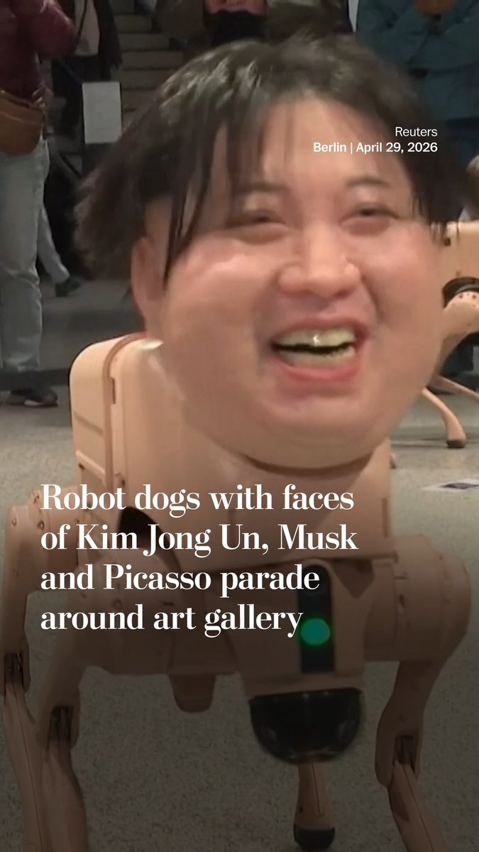 Robot dogs with hyper-realistic silicone heads modeled after famous figures are roaming a Berlin museum, occasionally “pooing” printed images of their surroundings that they’ve captured with integrated cameras.