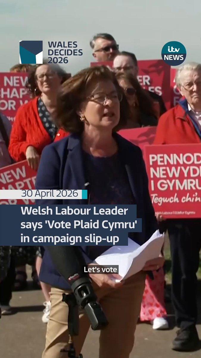An 'exhausted' Eluned Morgan accidentally said "vote Plaid Cymru" during a week-to-go Senedd Election event. The First Minister and leader of Welsh Labour made the slip-up during a campaign event at Barry Island's bandstand on Thursday (30 April). Ending a speech to party members, she said: "For fairness you can feel, vote Welsh Labour in the election next week." She followed up in Welsh by adding: "Pleidleisiwch Plaid Cymru..." meaning "Vote Plaid Cymru", but corrected herself immediately to say "Plaid Lafur" (Labour Party), which was met with laughs and claps by party members. Speaking to ITV Wales' National Correspondent Rob Osborne, the First Minister said: "We're all a little bit exhausted, once you switch into Welsh the word 'Cymru' comes off your lips. #itvnews #politics #wales #walesdecides2026
