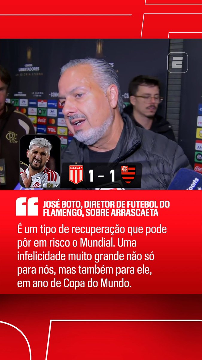 José Boto, diretor de futebol do Flamengo, confirma que lesão de Arrascaeta pode tirá-lo da Copa do Mundo: “É um tipo de recuperação que pode pôr em risco o Mundial.” 🎥 ESPN Brasil | SportsCenter Brasil