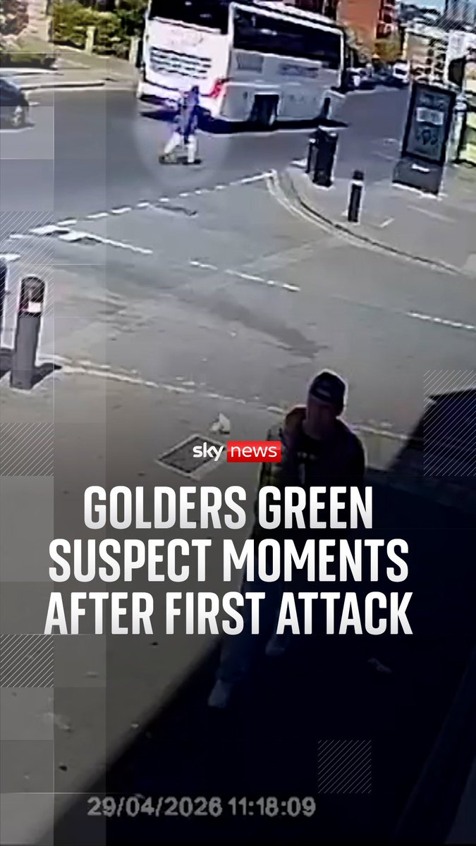 This CCTV footage from a shop in Golders Green captures the suspected terrorist crossing the road around the time of the attacks. Sky News understands it shows the moments after the first attack and before the second attack at the bus stop.