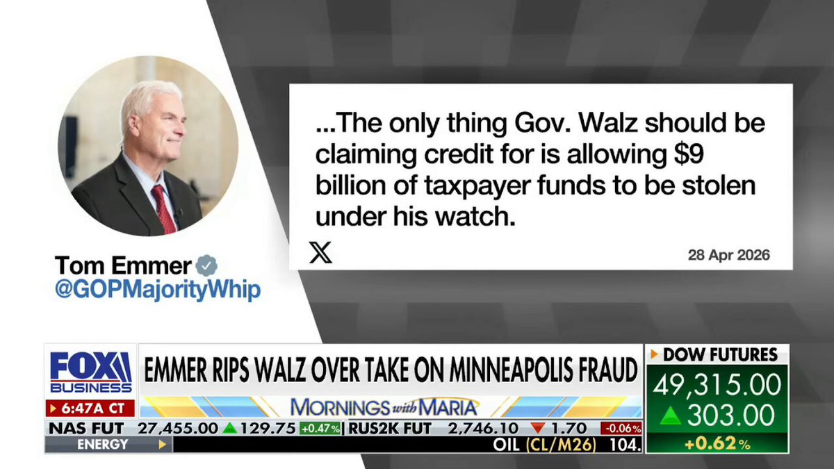 🚨 NOW: House Majority Whip Rep. Tom Emmer just went HAYWIRE on Tim Walz "This guy has no religion — except for the ALTAR of TIM WALZ." "They try to take CREDIT for the raids that are happening. Guess what? They had NOTHING to do with it. In fact, they have tried to SWEEP this under the rug FOREVER!" "He lied about his military career, he's lied about, I mean he got caught on national TV lying about something as dumb as when he was at Tiananmen Square." "And what was his answer back in that debate with J.D. Vance? He said, well, you know, sometimes, I come from a small town and sometimes I'm a bit of a knucklehead." "You know what? That's no excuse for being a liar." "And when he says that the buck stops with him, I agree because it's as much as nine billion dollars has gone out under his watch in just the last seven and a half years!" "And all this garbage he's doing at the end is more fraud on his behalf. Think about this. Over 20 raids of Somali fraudsters conducted by the FBI, conducted by the Department of Justice just this week to daycare centers and autism centers!"