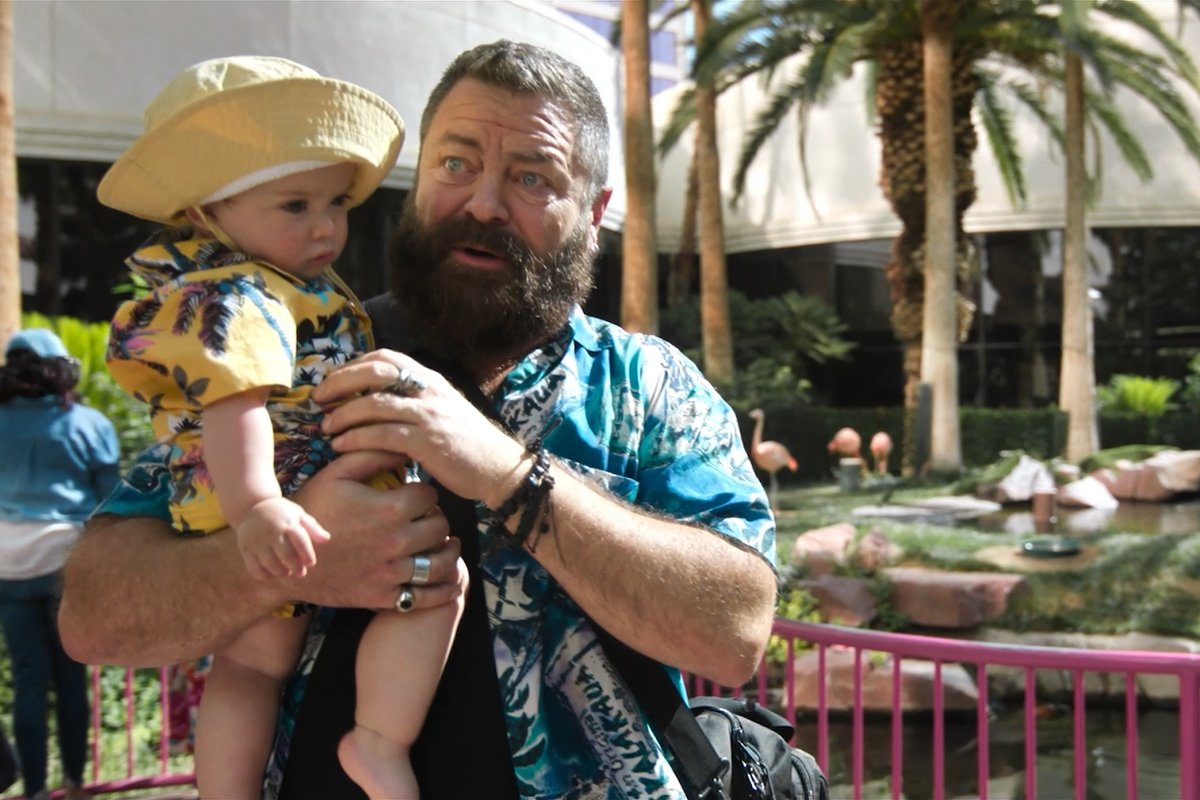 Nick Offerman explains flamingos to a baby. #MargosGotMoneyTroubles — Now Streaming