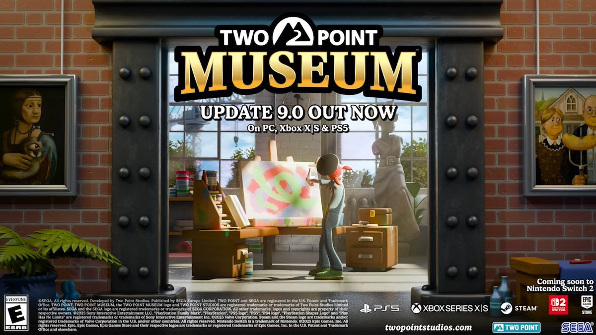Ready to paint the town red? (or blue... or any colour you like, really!) Update 9.0 is here, including the first act of our upcoming DLC, Arty-Facts, for you to explore for FREE โจ Create original artworks and build your very own art gallery in Two Point Museum now ๐ซ