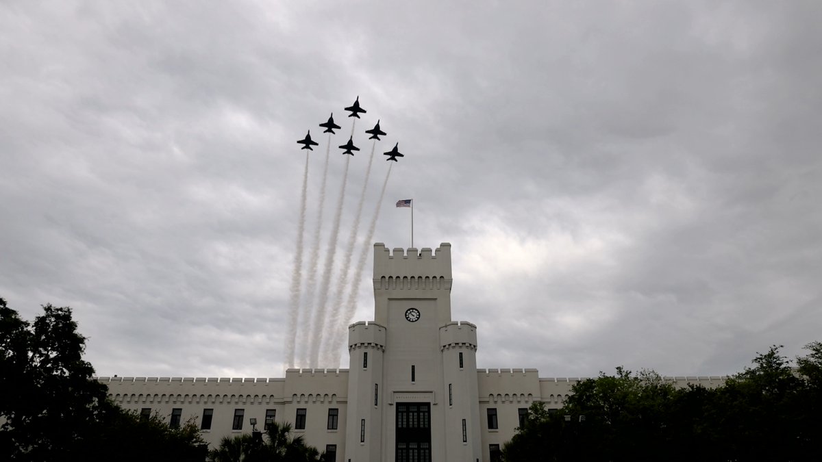 Two of the officers flying with the Blue Angels today began their military careers right here on this campus. Some homecomings are louder than others.