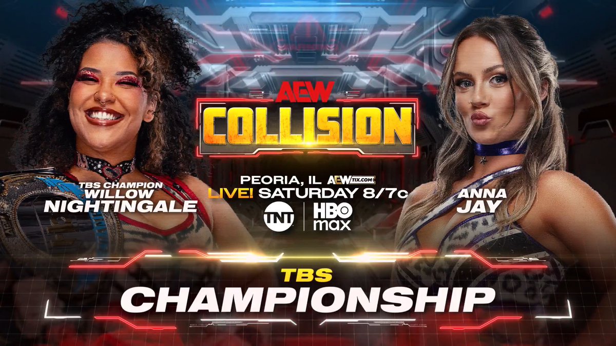 #AEWCollision LIVE, 8/7c, TNT + HBO Max Saturday, 5/2! TBS Championship @WillowWrestles vs @AnnaJay___ The Comeback Killer Willow Nightingale has been putting her title on the line in open contract matches, and she will COLLIDE vs the returning Anna Jay, THIS SATURDAY NIGHT!