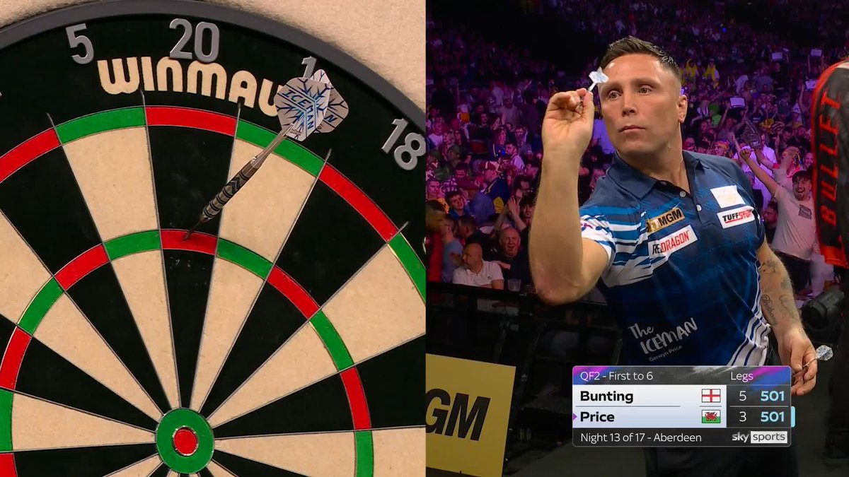 BUNTING WITH THE 124! Stephen Bunting is one leg away from victory, as Bunting pins the 124 checkout to go two clear of Gerwyn Price! 📲 #PLDarts | QF