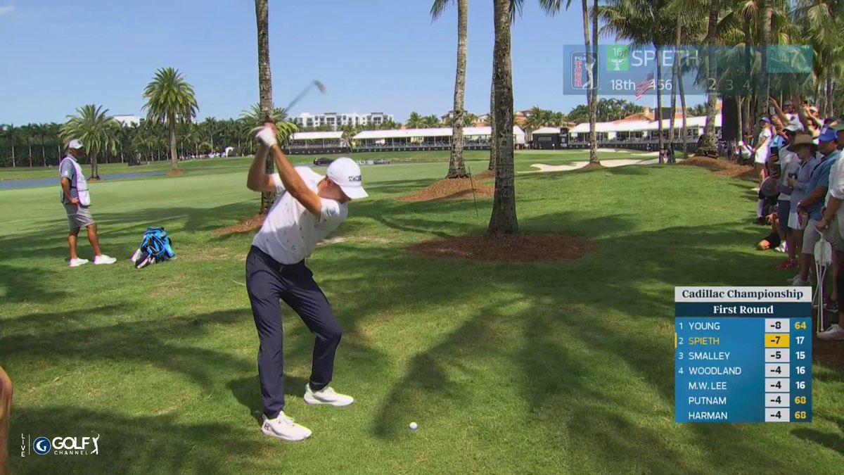 As Jordan Spieth as it gets. Club twirl punch-slinger through the trees from 200 yards out to 30 feet. GOLF SHOT.