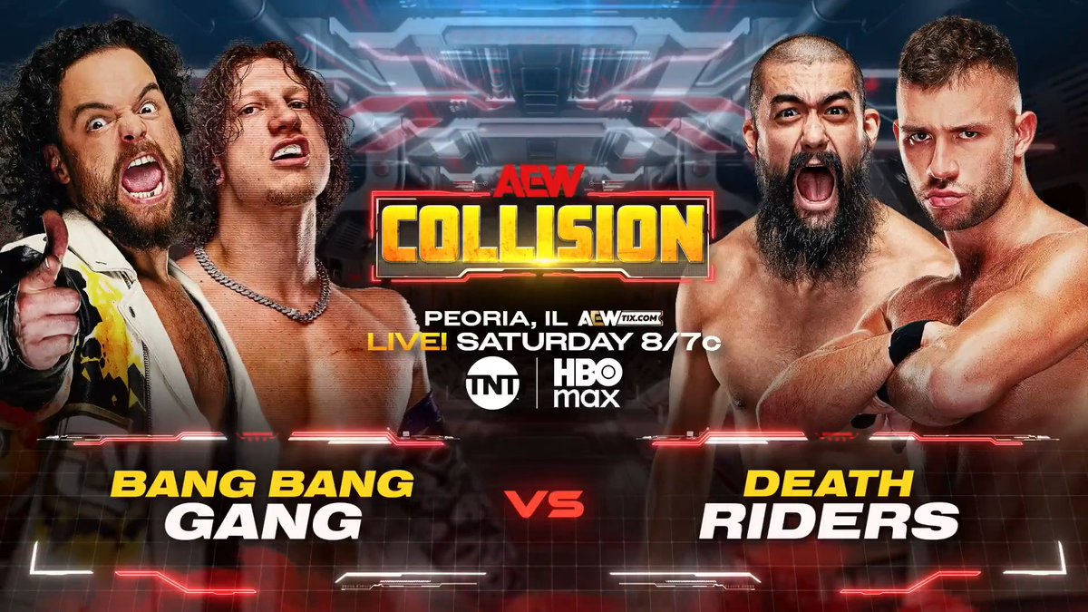 #AEWCollision LIVE, 8/7c, TNT + HBO Max This Saturday, 5/2! Juice Robinson/Ace Austin ๐ค๐ผโ ๏ธ ใจใผในใปใชใผในใใฃใณ vs Daniel Garcia/YUTA After the Bang Bang Gangโs Ace Austin ๐ค๐ผโ ๏ธ ใจใผในใปใชใผในใใฃใณ's impressive showing on Dynamite, heโll team with Juice Robinson to COLLIDE vs The Death Riders, THIS SATURDAY!