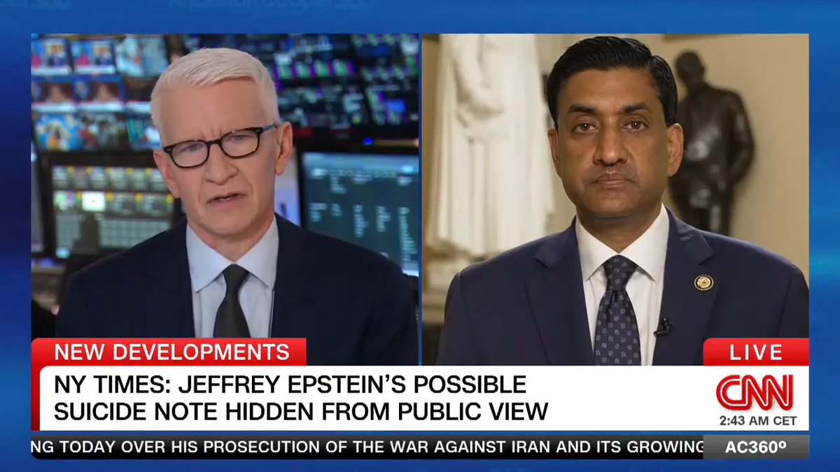 The New York Times is reporting that a possible suicide note written by Jeffrey Epstein weeks before he was found dead in his cell has been hidden from public view. Democratic Rep. Ro Khanna, who has been demanding accountability in the investigation, weighs in.