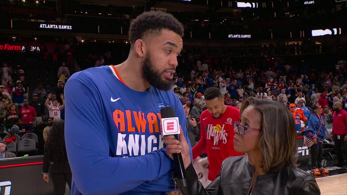 "You had a triple double in just four shots ..." "I only had four shots?!" KAT learning his stat line in real time with Lisa Salters after closing out the Hawks 😭