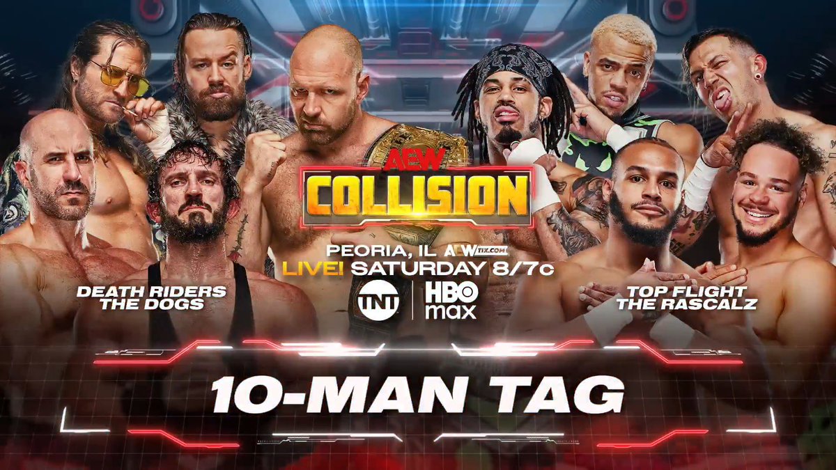 #AEWCollision 8/7c, TNT + HBO Max This Saturday 5/2 Jon Moxley/Claudio/BASTARD/David Finlay/Clark Connors vs Dante Martin/Darius Martin/@DezmondXavier/Zachary Wentz/Myron Reed The Dogs + The Death Riders partner to COLLIDE vs Rascalz + Top Flight, SATURDAY!