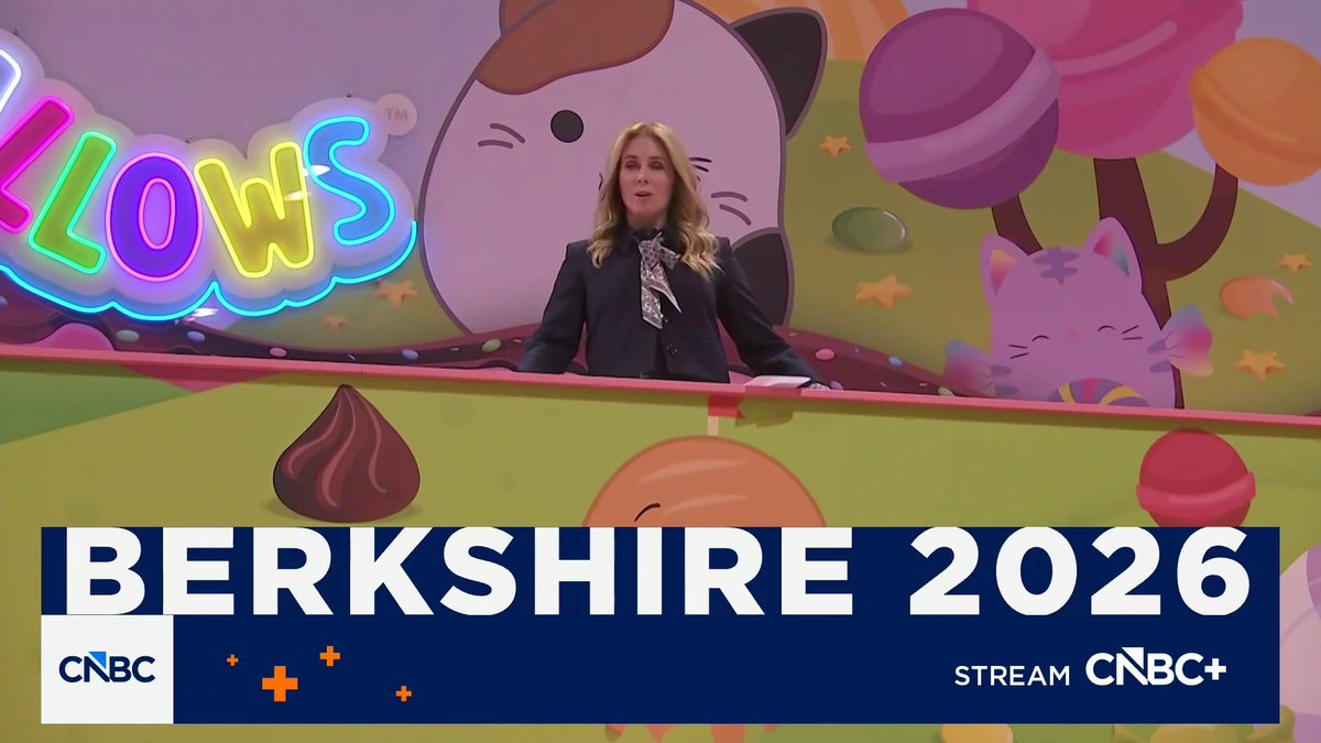 .Becky Quick checks out the Jazwares booth at the Berkshire Hathaway Annual Shareholders Meeting featuring this years special Squishmallows featuring Warren Buffett and Greg Abel
