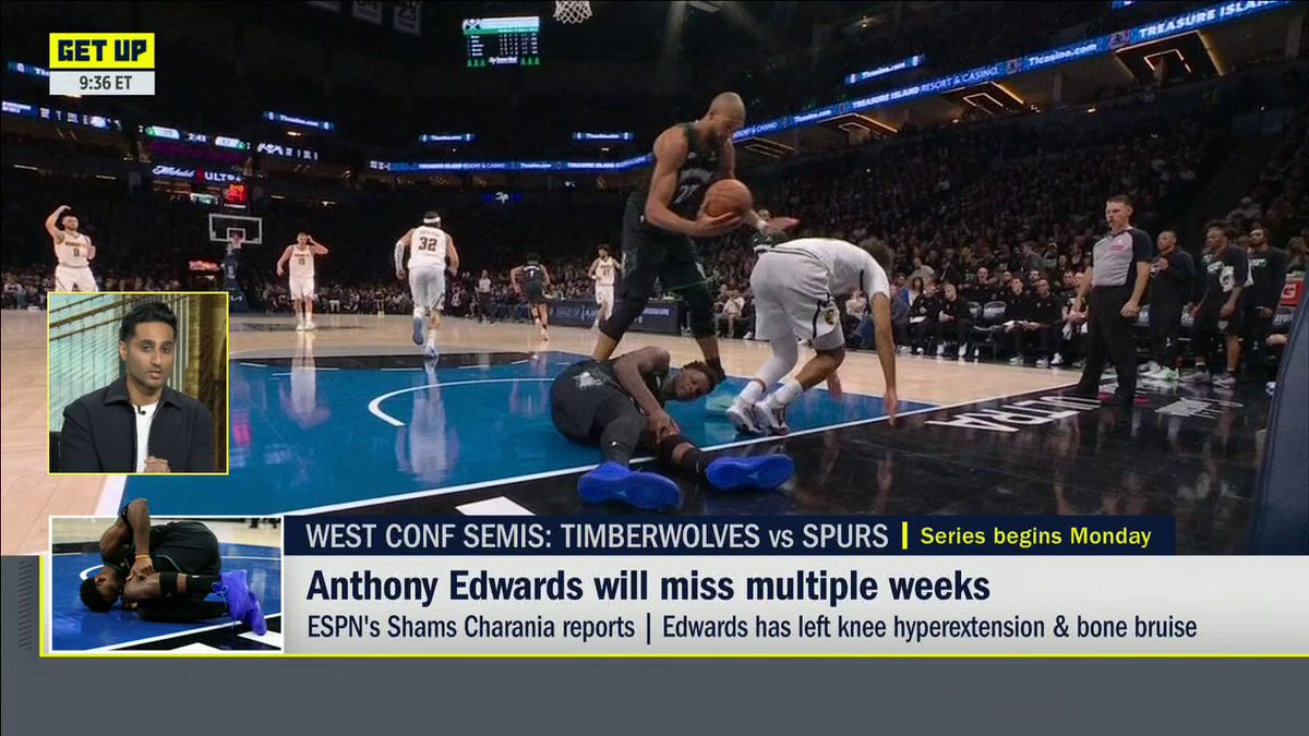 .Shams Charania says Anthony Edwards will be OUT to start the second-round series vs. the Spurs 🏀