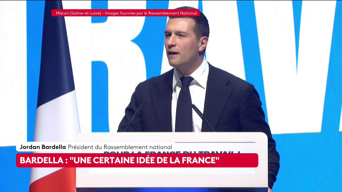 DIRECT - "Désormais, ce que beaucoup croyaient impossible devient possible (…). Notre volonté sera de rétablir une société du mérite", déclare Jordan Bardella, président du RN, lors de son discours à Mâcon. #canal16