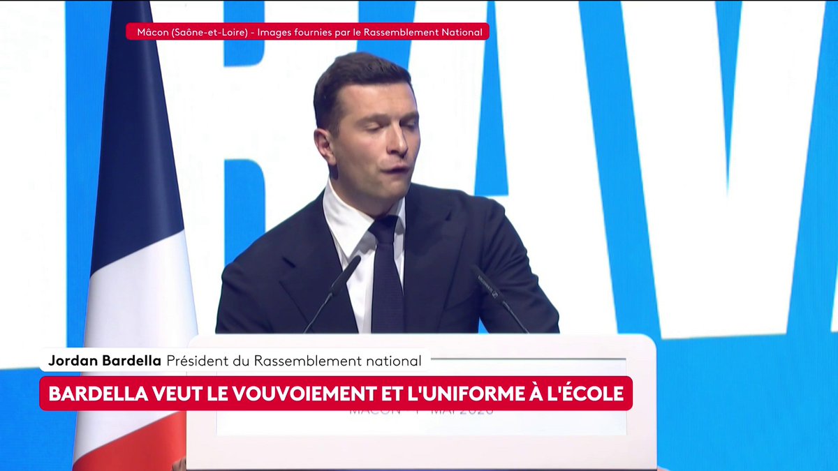 "La France n'a pas vocation de prendre en charge toute la misère du monde, la France n’est pas un hôtel", affirme Jordan Bardella, président du Rassemblement National, lors de son discours à Mâcon. #canal16