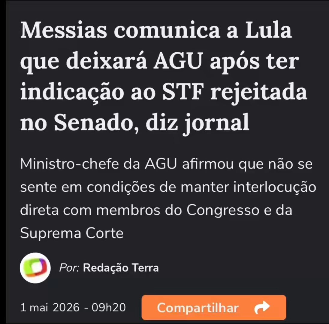 Messias pode dar qualquer desculpa pra sair. Mas a verdade é que ele desistiu por vergonha. Virou chacota. Não tem como encarar parlamentares sem aqueles olhares sarcásticos, sem as piadinhas. O melhor que ele faz é se recolher e voltar a ser office-boy do PT.