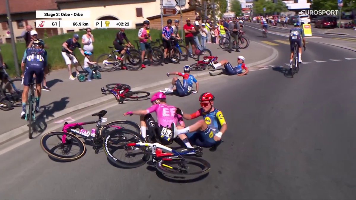 4 des 7 membres de l'échappée ont glissé dans un rond-point, sur la 3e étape du Tour de Romandie. Il y avait manifestement de l'huile. Rémy Rochas, Lorenzo Germani, Georg Steinhauser et Sam Oomen ont pu repartir. #TDR2026