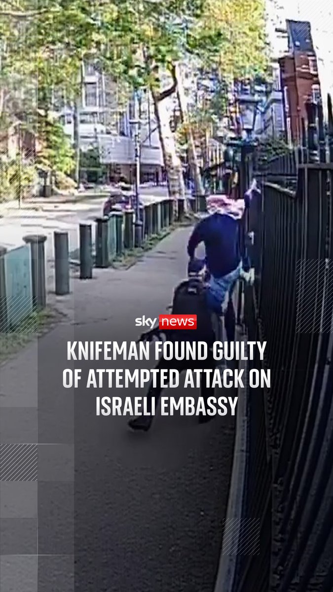 A failed asylum seeker has been found guilty of trying to break into London's Israeli embassy to launch a knife attack. Abdullah Albadri was tackled by armed police after he leapt up an embassy fence in April last year to "exact revenge" for the killing of children in Gaza. 🔗