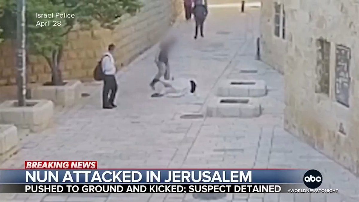 Shocking surveillance video shows a man attacking a nun in Jerusalem – running towards her and violently pushing her to the ground – before bystanders intervene. Tom Soufi Burridge has more.