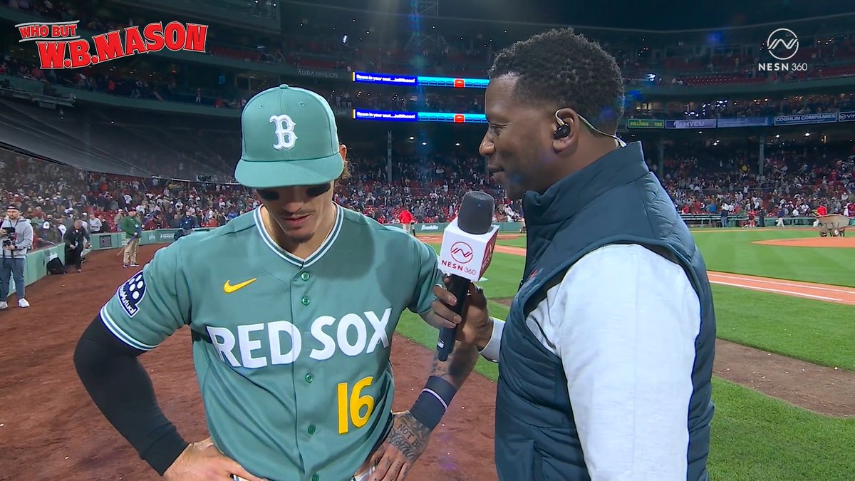 Jarren Duran after the Red Sox win 🙌 "We love playing in the Greens. I don't know what it is, but maybe we should just wear them every night at this point." 🟢🧦 🤝 presented by W.B. Mason Co.