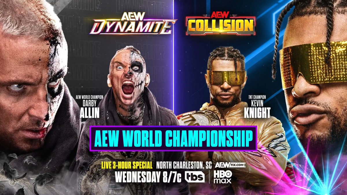 #AEWDynamite + #AEWCollision 3-HOUR SPECIAL! 8/7c, TBS + HBO Max This Wednesday, 5/6 AEW World Title DARBY ALLIN vs Kevin Knight ケビン・ナイト The Jet looks to ride his momentum to the top of AEW, but Darby will keep fighting until he can't! Darby vs The Jet for the AEW World Title, WEDNESDAY!