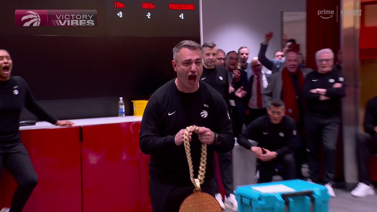 "The best two words in sport: GAME 7 BABY!" Raptors head coach Darko Rajakovic gives RJ Barrett the postgame chain 👏