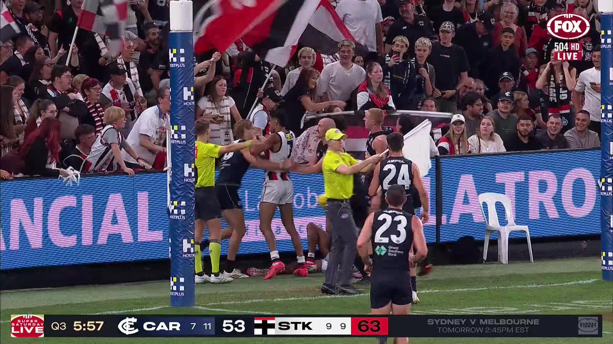 Tempers flaring here at Marvel! 📺 Watch #AFLBluesSaints on Ch.504 or stream on Kayo: ✍️ BLOG 🔢 MATCH CENTRE