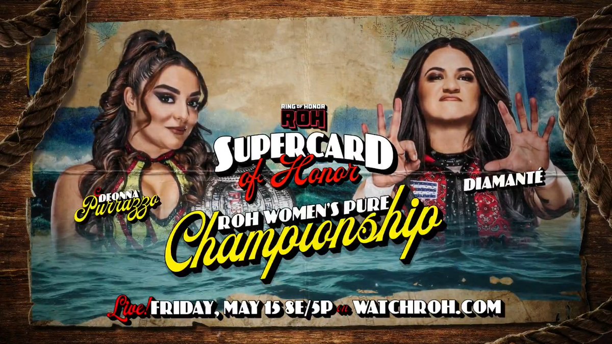 Friday 5/15 Salisbury, MD | Wicomico Civic Center #ROHSupercard of Honor ROH Women’s Pure Title Deonna Purrazzo vs. Diamante The callouts and blindsided attacks end here as The Virtuosa goes after revenge against The 🇨🇺💎 with the title at stake!