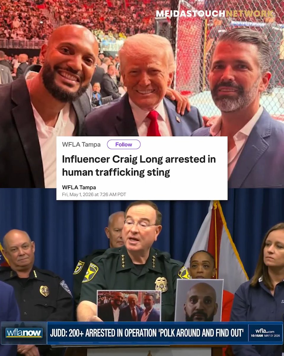 NEWS: MAGA influencer Craig Long has been arrested in a human trafficking and prostitution sting in Florida, along with Ryan Yates, a Trump supporter who pleaded guilty in February 2024 for his involvement in January 6. Long posted this photo with Donald Trump and Donald Trump Jr. just a few weeks ago.