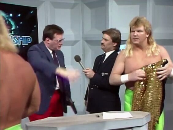 May 2, 1987: Jim Cornette is just fine - despite the lack of support that he's received from the general public when it comes to keeping him out of the cage in Charlotte against Ronnie Garvin. Stan Lane does his best Robert Gibson impression before rescuing Jim from what seems to be a tiny panic attack.