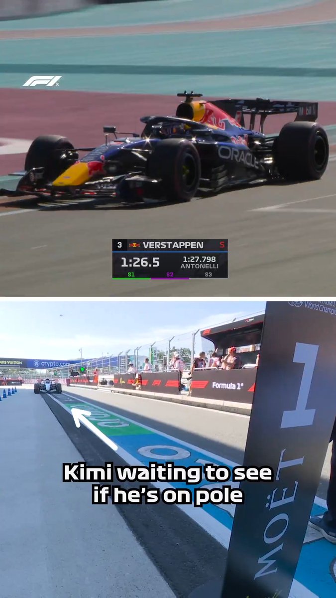The wait to see if he was indeed on pole... 👀 Kimi could finally pull up to the P1 board after Max crossed the line! 😮‍💨 #F1 #MiamiGP