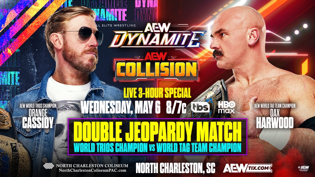 EXCLUSIVE: There's a LOT at stake in the Double Jeopardy match between @OrangeCassidy and Dax Harwood on #AEWDynamite THIS WEDNESDAY! And The Conglomeration are already discussing what happens if OC wins …