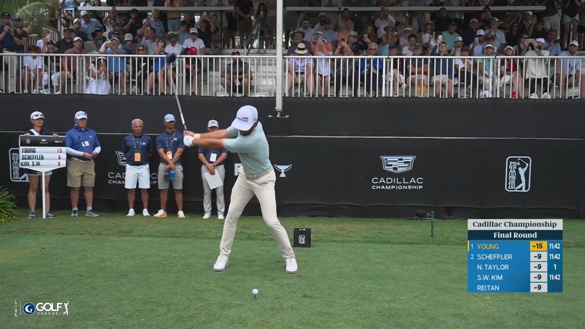 The final group is off the tee at Doral 🫡 Cameron Young starts with a six-shot lead as Scottie Scheffler and Si Woo Kim hope to make a Sunday charge 📺 Golf Channel | @Cadillac_Champ