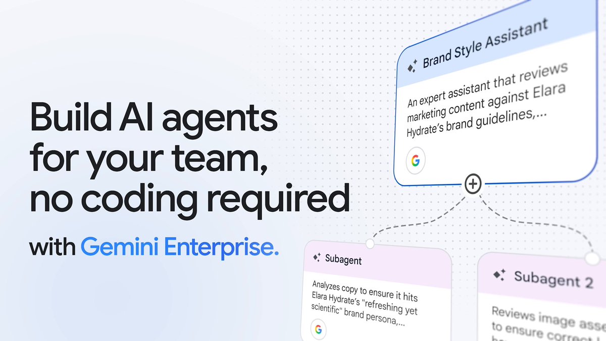 Does your AI assistant know the voice of your company's brand? With Gemini Enterprise, you can create an agent with no code to ensure your customer-facing content is always up to date with the latest brand guidelines →
