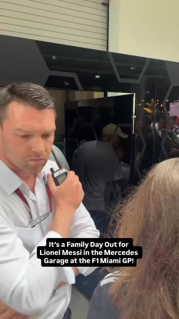 Argentine soccer player #LionelMessi brought his wife and kids with him to cheer on Mercedes at the #Formula1 #MiamiGP! We spotted him leaving the team’s garage with a swarm of security and photographers. #F1