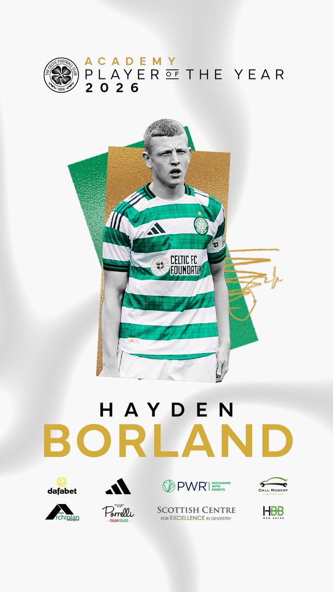 Kicking things off with our first award of the night at #CelticPOTY 🥇 The 2026 Celtic FC Academy Player of the Year, sponsored by Porrelli's Ice Cream, is Hayden Borland! Congratulations, Hayden! 👏 #CelticFC🍀