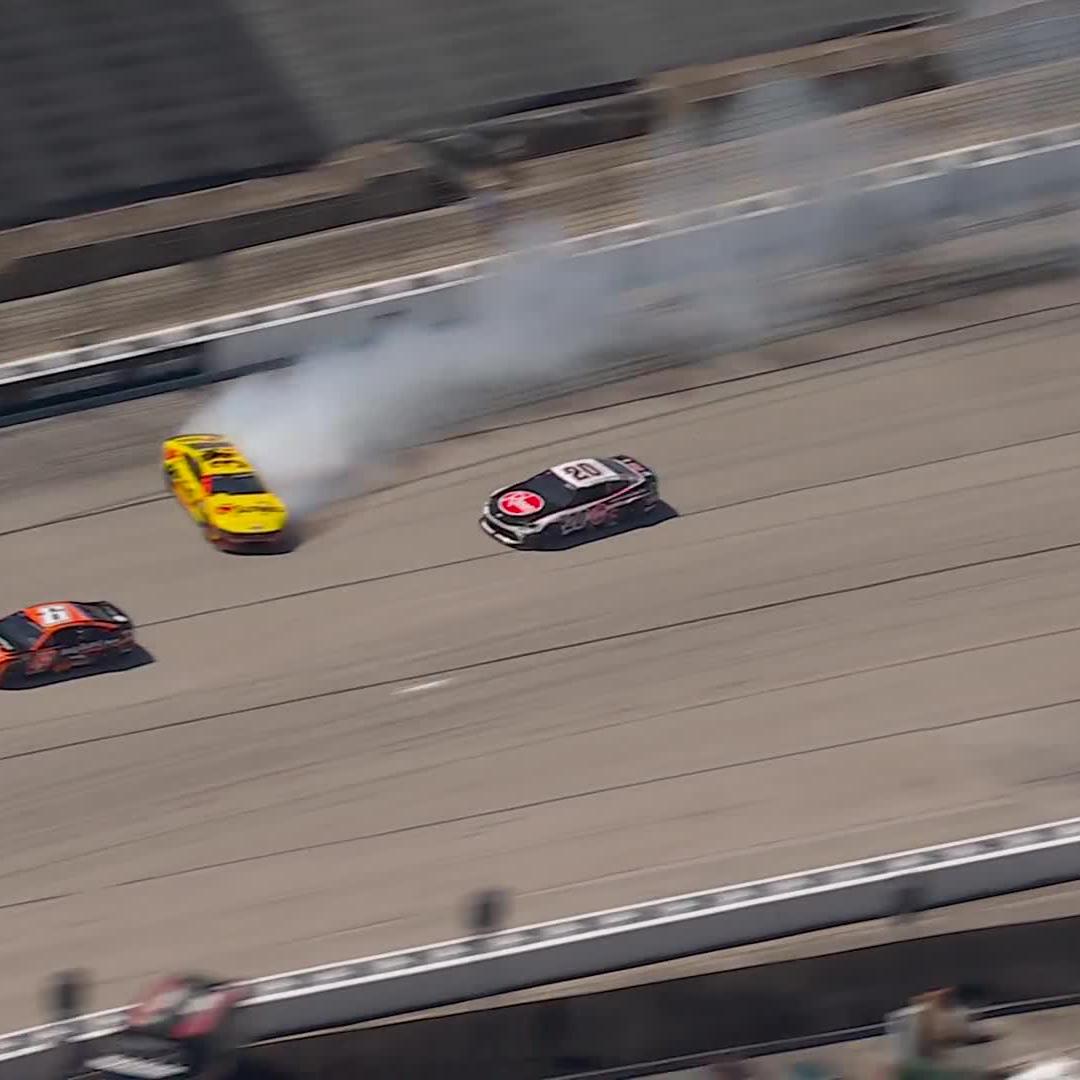 Gilliland spins and collects the leader! Bell's car has major damage!
