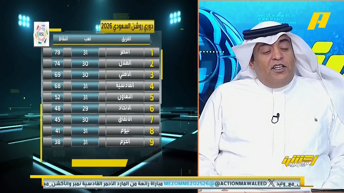 #وليد_الفراج: الدوري ولع 🔥 وللحديث بقية .. القادسية يبرق بالإكة للهلال .. أجمل فريقان بالموسم هما الأهلي والقادسية.. لمسات سعودية من أبو الشامات ومصعب الجوير يغلبون رونالدو ورفقائه.. تخيل سيناريو القادمون من الخلف ، هل يفعلها الخليج مثلما فعلتها القادسية؟ #النصر_القادسية مجاناً على MBC شاهد برنامج أكشن مع وليد يومياً الساعة 11:30 مساءً بتوقيت السعودية علىMBCAction لمتابعة البث المباشر
