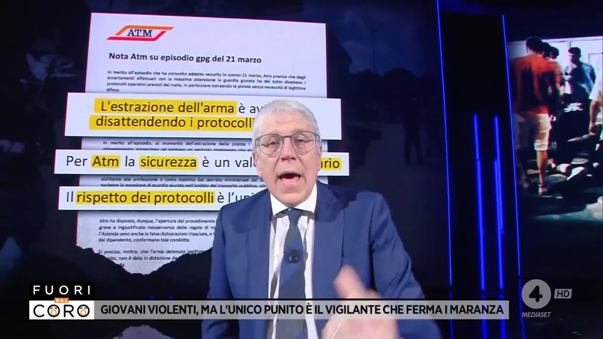 "Io gli darei l'Ambrogino d'Oro!" Mario Giordano su Ilario Esposito, guardia giurata di Milano, sospeso dall'ATM (azienda di trasporti) per aver "infranto il protocollo" estraendo la pistola durante uno scontro con dei maranza violenti.