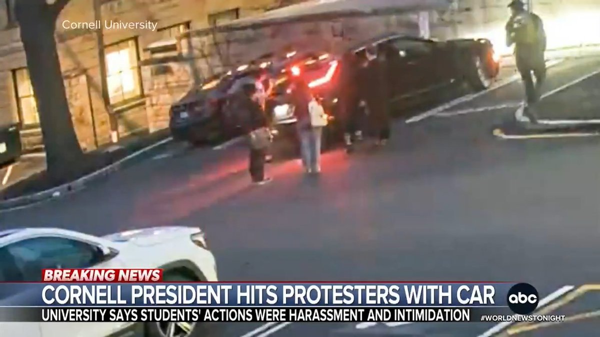 A confrontation between the president of Cornell University and some students saying he hit them with his vehicle after a debate over the war in Gaza. But the president says he was the victim. Olivia Rubin has more.