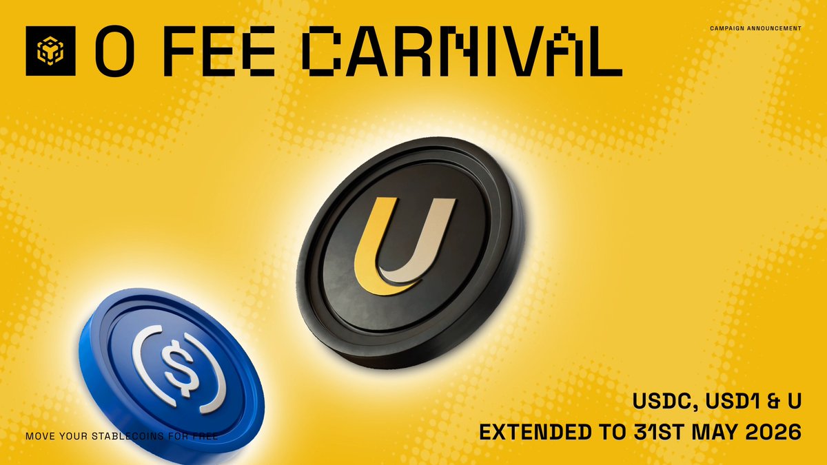 3 things in life are guaranteed: Death, taxes and the 0 Fee Carnival to continue! 0 fees on transactions with USDC, USD1 & U have been extended until May 31. Full details on where you can save below 👇