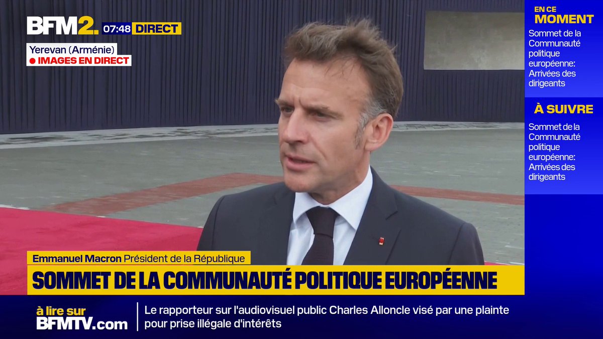 💬 "C'est une Europe qui bâtit sa sécurité, sa défense" ➡️ Emmanuel Macron arrive au Sommet de la communauté politique européenne qui se tient en Arménie #BFM2