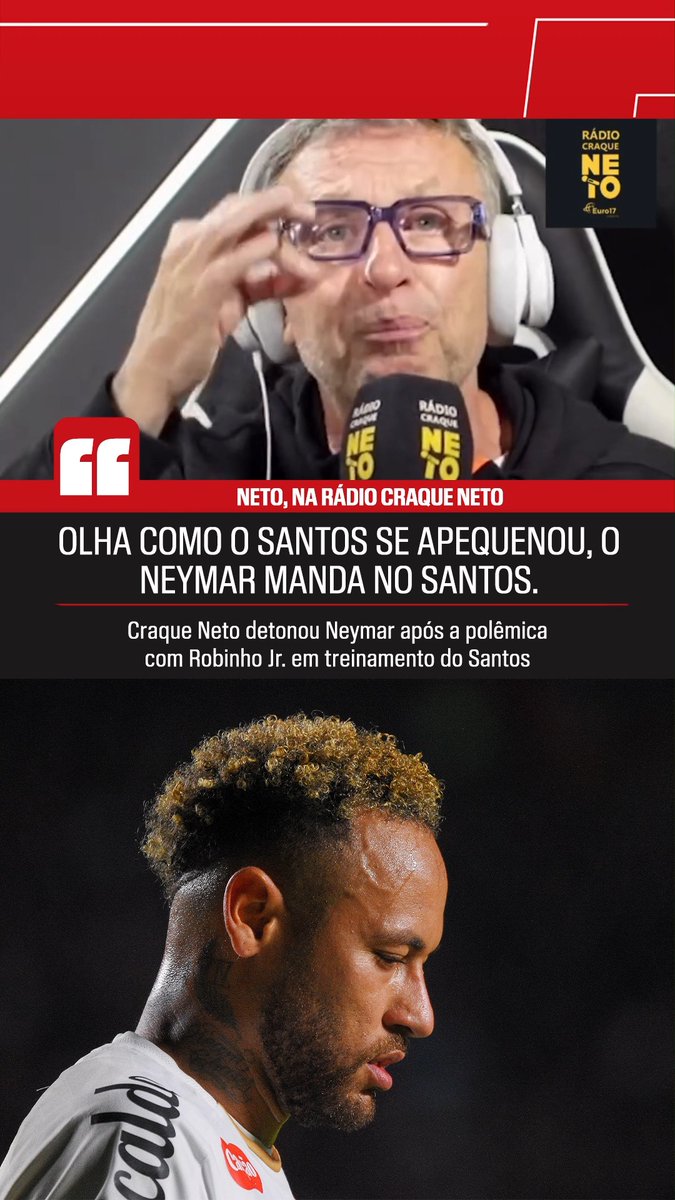 “O Neymar não escuta pai, não escuta mãe, não escuta treinador… Ele manda no Santos. Muda treino, treina em casa… e de boné, porque está careca.” “Vocês querem que o Ancelotti leve o Neymar e não leve o Pedro, do Flamengo?” 🎙️ Neto. 🎥 Rádio Craque Neto