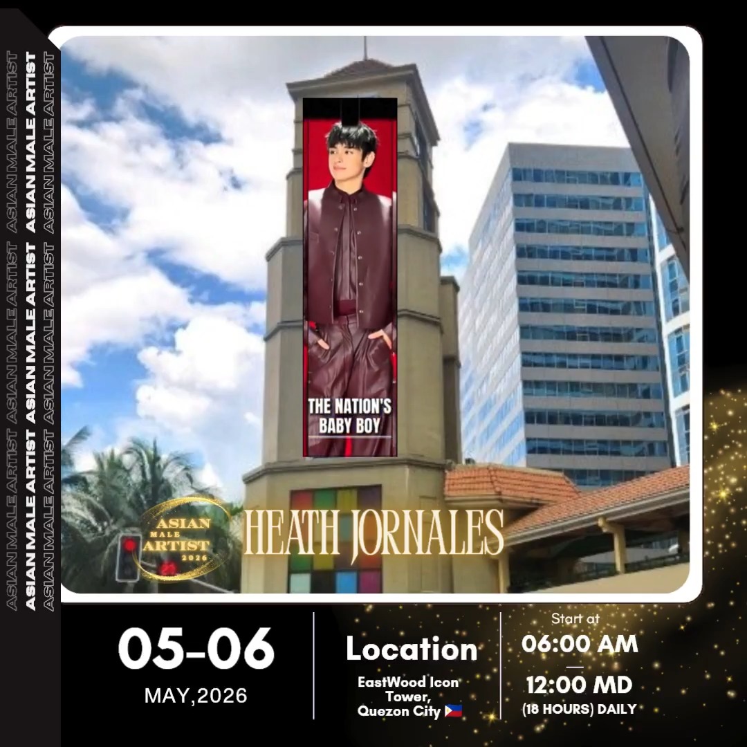 𝐀𝐬𝐢𝐚𝐧 𝐌𝐚𝐥𝐞 𝐀𝐫𝐭𝐢𝐬𝐭 𝟐𝟎𝟐𝟔 - HEATH JORNALES HAPPY HEATH DAY! 🎂 Let's celebrate #HeathJornales birthday tomorrow. 📆 05.05 - 05.06.2026 (2 Days) 📍Eastwood Icon Tower, Quezon City 🇵🇭 🕖 06:00 AM - 12:00 Midnight 🎬Credits to HEATH WAVERS OFFICIAL Congratulations again👏🏼! Feel free to take a snap of the live LED tomorrow, and don't forget to tag us! HEATHs JOLLYBDAY TOMORROW #MoyFriesSnackCombo
