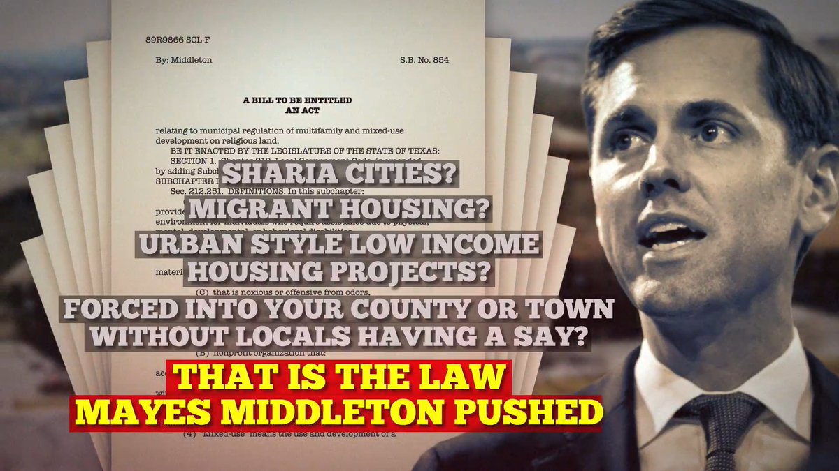 Sharia Cities? Migrant Housing? Urban Style Low Income Housing Projects? Forced into your county or town without locals having a say? That’s the law Mayes Middleton pushed. Vote Chip Roy for Texas Attorney General.