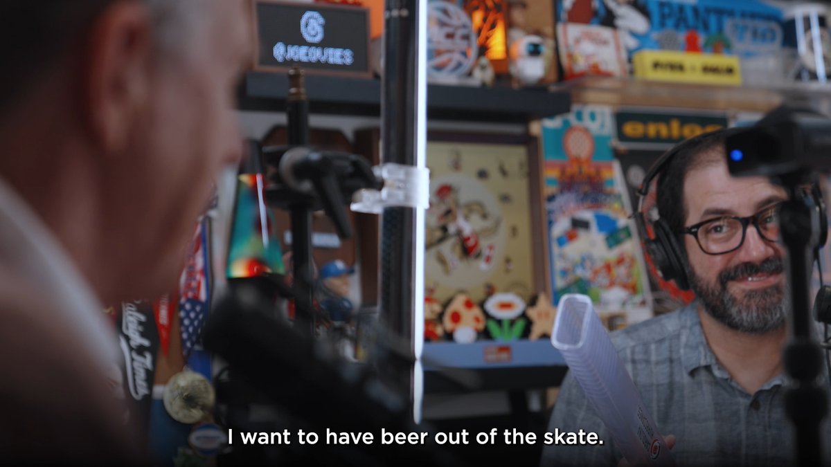 Beer out of the skate, Diet Sun Drop out of the Cup.