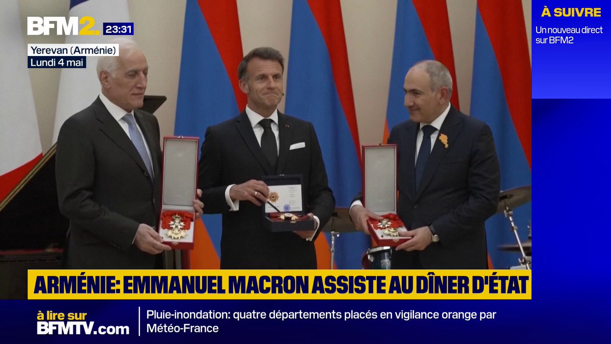 💬"Jamais la relation ne fut à ce niveau" Emmanuel Macron reçoit l’ordre de la "Gloire" en Arménie et décore en retour le président de la République, Vahagn Khatchaturyan, et le Premier ministre, Nikol Pashinyan, de la Légion d’honneur au grade de Grand-croix #BFM2