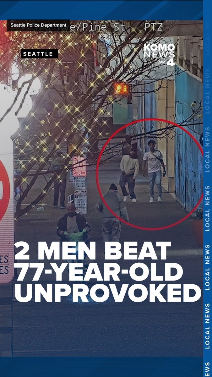 A newly released video shows two men attacking a 77-year-old man who was walking down the street in downtown Seattle last month. The incident was captured by the city's Real Time Crime Center surveillance cameras, which monitor public areas that have been identified as crime hot spots. In the video, the victim is seen walking slowly southbound on Third Avenue, approaching a pharmacy at the corner of Pike Street. Without any prior interaction, two men shove the man to the ground and punch him, the video shows. They are then seen walking away from the man, who is left hunched over on the ground as bystanders walk past him. None of the witnesses to the attack approached or offered assistance to the man as he remained on the ground. Full story here: #komo #komo4 #komonews #komo4news #seattle #washington