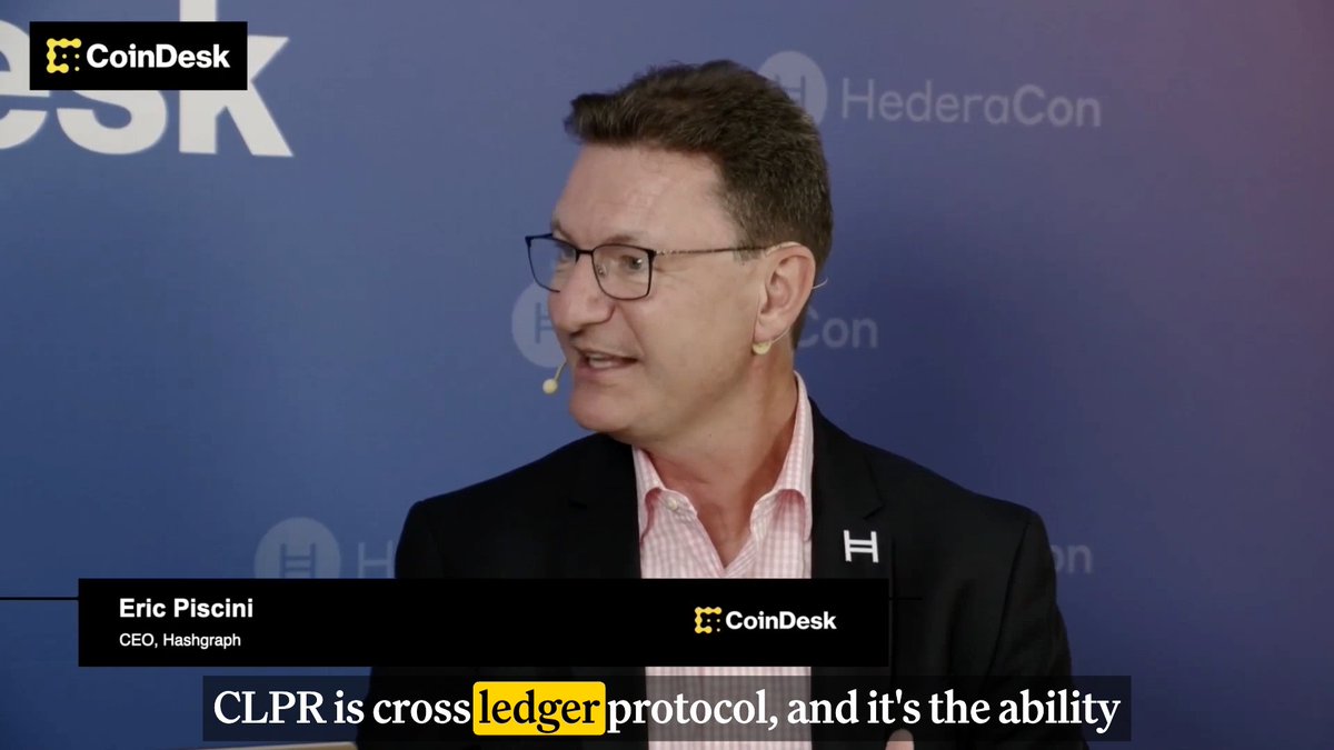 🎥 At @Hedera's HederaCon, @Hashgraph CEO Eric Piscini says it’s the “end of the war of the chains” because Hashgraph's CLPR enables any chain to communicate with any other in real time, without bridges.