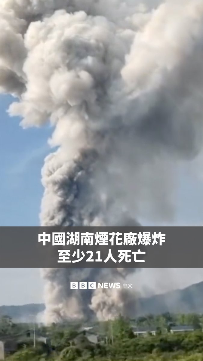 中国湖南省浏阳市一家烟花厂周一发生爆炸，当局称已导致21人死亡，61人受伤。 现场画面显示，有巨大的白色烟柱升起。据官方媒体报导，烟花厂负责人已被拘捕。 浏阳号称全球最大烟花爆竹生产基地，有中国“花炮之乡”之称。